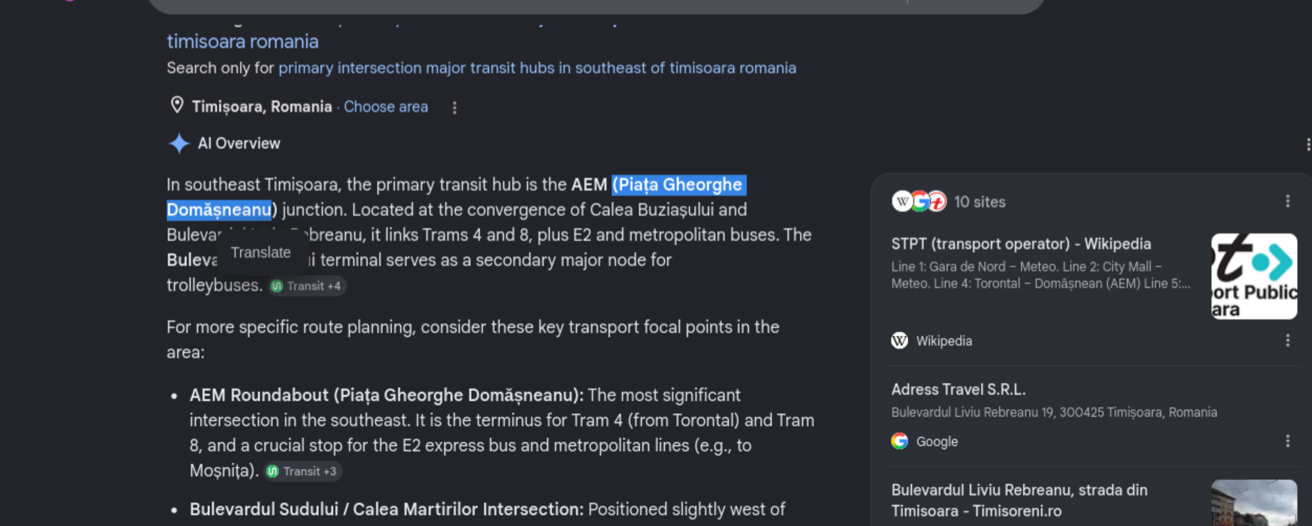 Map and search results for Timisoara transit network around the Irigatii.ro location